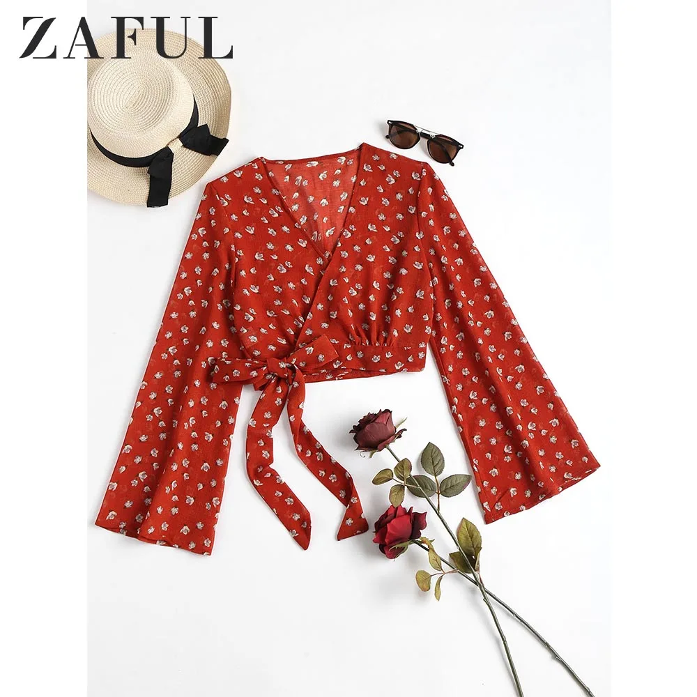 

ZAFUL Cropped Wrap Floral Top Full Sleeve V-Neck Crop Tops Classic Daily Streetwear Women Summer Blouses Short Shirts 2019