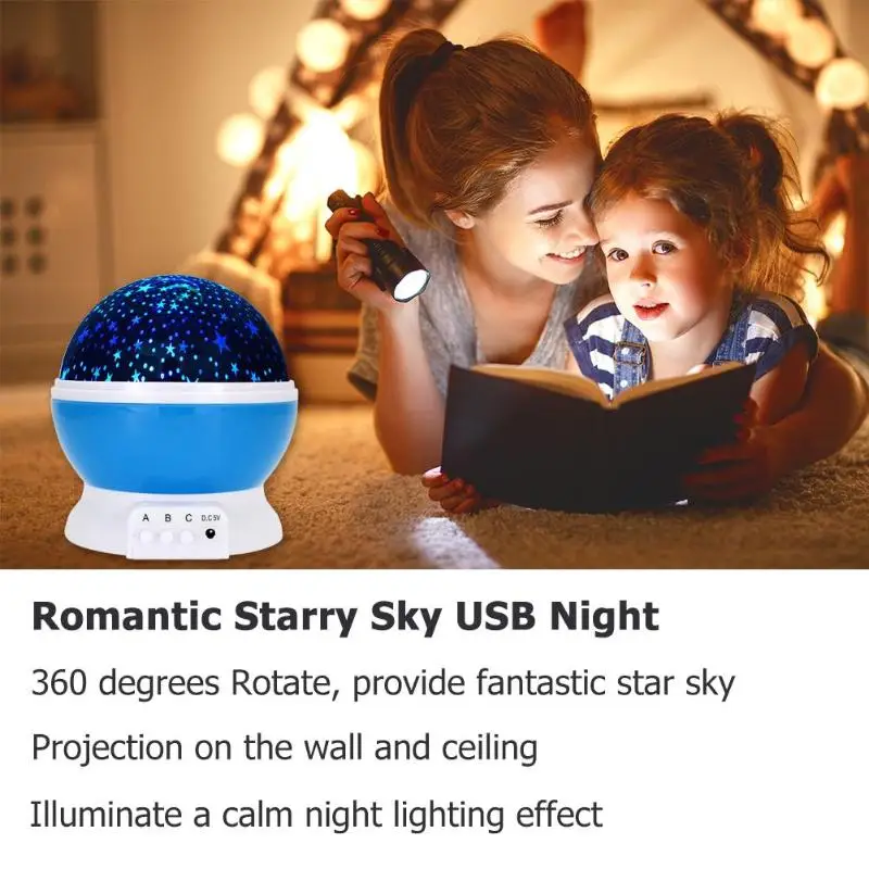 Светодио дный 4 светодиодные лампы 360 градусов вращающийся динамический Романтический Звездное небо проекции ights USB ночник Рождество
