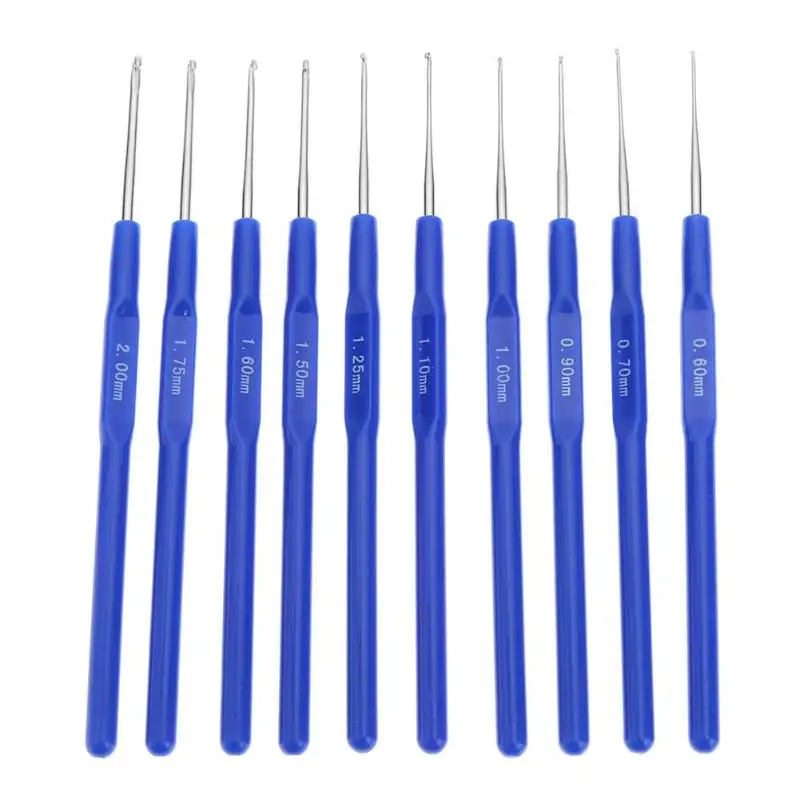 

10pcs/Set Crochet Hooks 0.6-2.0mm Blue Plastic Handle Aluminium Knitting Needles Set Weave Craft with Wool yarn Craft Tools