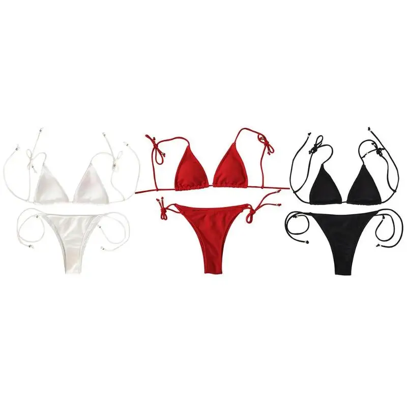 

Solid Color Bandage Split Swimsuit 2019 Summer Women Two Pieces Bikini Set Swimwear Push-up Padded Bra Beach