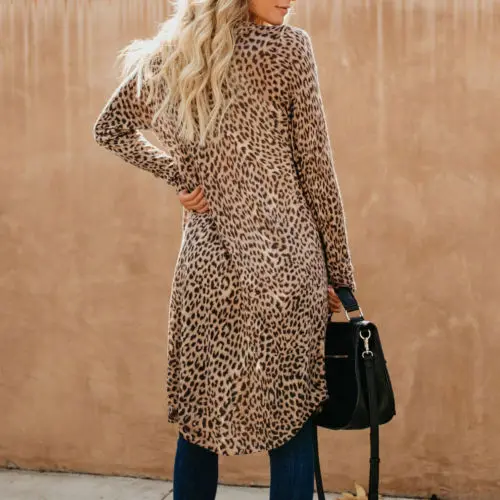 Womens Leopard Kimono Cardigan Open Front Boho Camo Long Sleeve Long Maxi Jacket