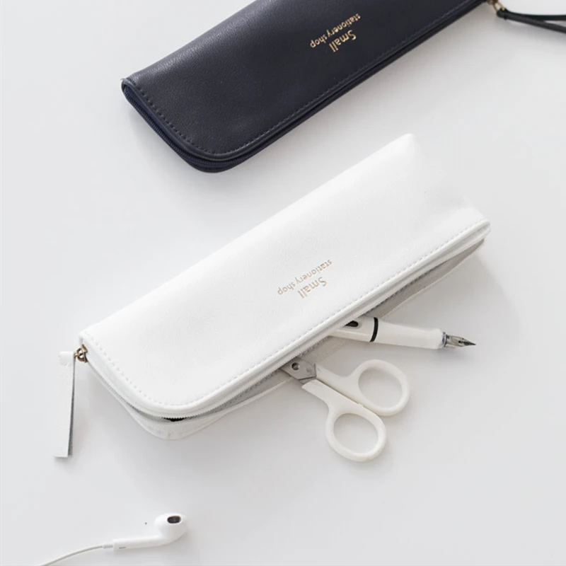 

Korean Literary Simple Pencil Bag Solid Color PU Leather Pencil Case For Girls School Student Stationery Office Supplies