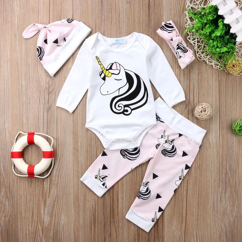 

Pudcoco Girl Suits 4PCS Unicorn Newborn Baby Outfits Romper Jumpsuit Pants Leggings Hat Clothes Set