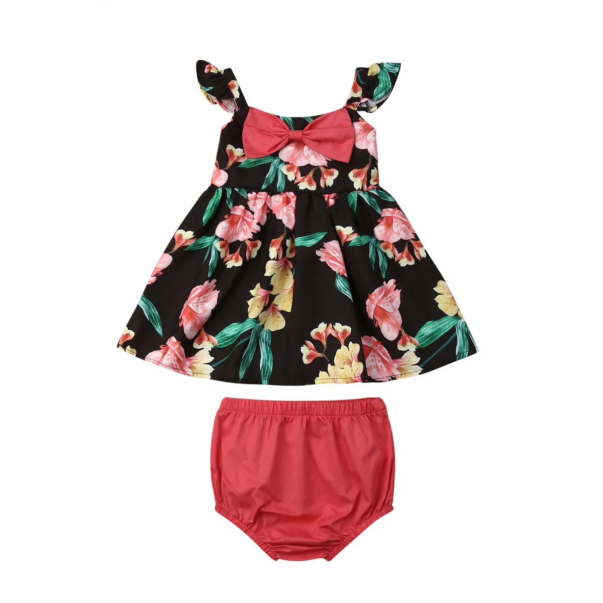 0 18M Cute Newborn Baby Girl Sleeveless Floral Bow Tops +Baby Bloomers