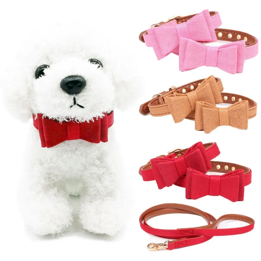 

Cute Fabric Leather Pet Dog Collar Chain Bow Tie Cat Neck Strap Bowknot for middle Small Chihuahua Spitz Pure Color New