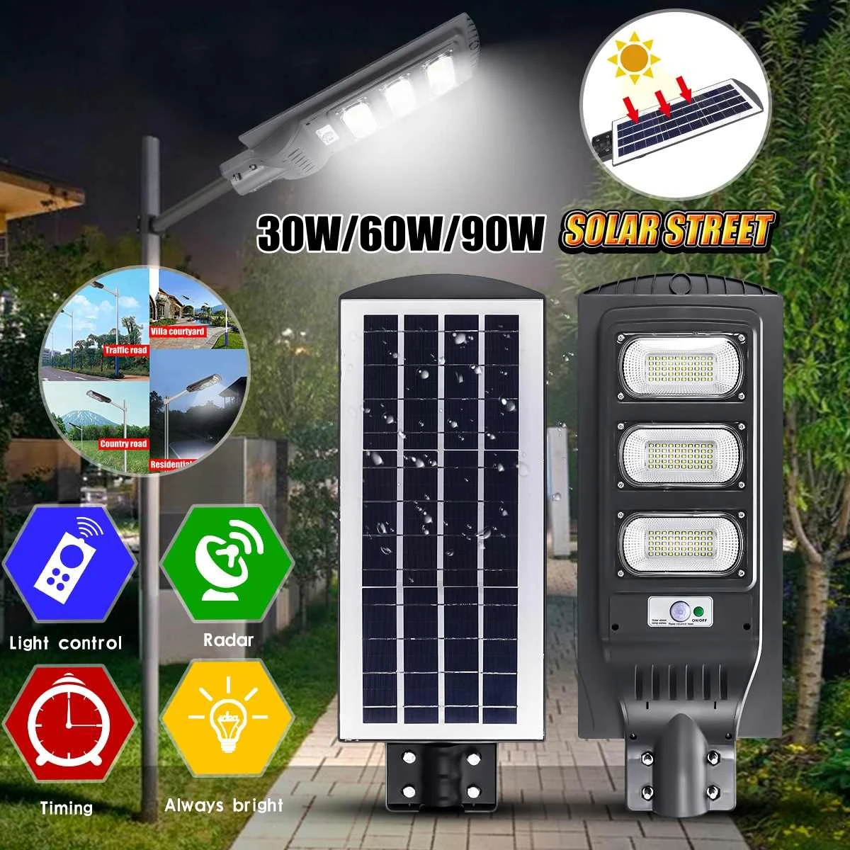 90W LED Solar Street Light Motion Sensor Wall Lamp Timing Remote+Mount Pole