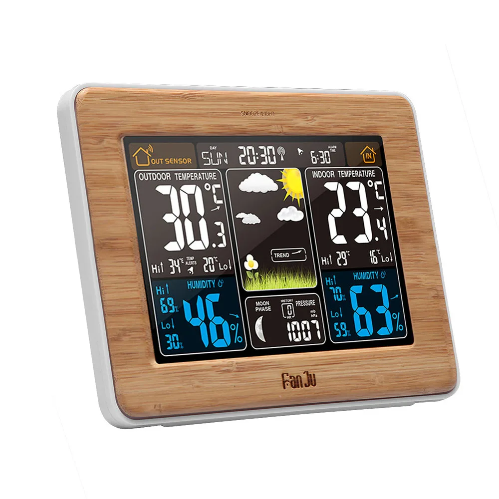 Kopen FanJu FJ3365 EU US Plug Weerstation multifunctionele Digitale Klok Temperatuur Vochtigheid Maanfase Bureau Tafel LCD wekker