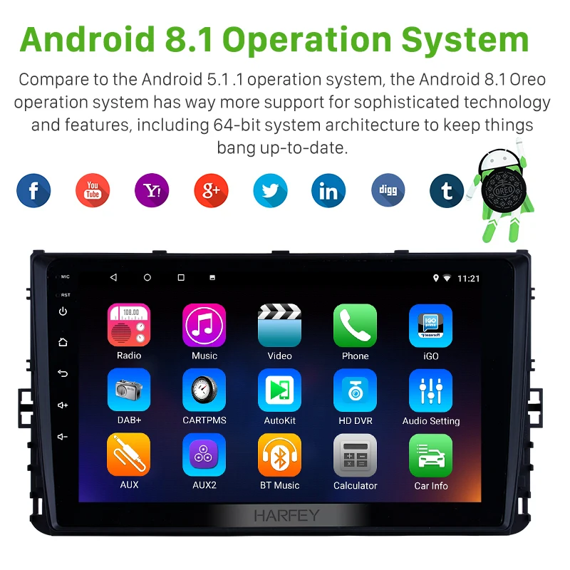 Discount Harfey GPS Multimedia Player Android 8.1/7.1 Car Radio Stereo Touchscreen 9" 2Din Head Unit For VW Volkswagen Universal With USB 1