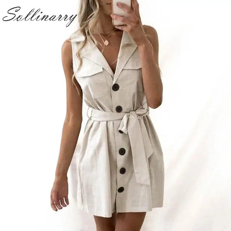 Sollinarry/однотонное короткое платье блейзер из хлопка и льна Vestidos повседневные