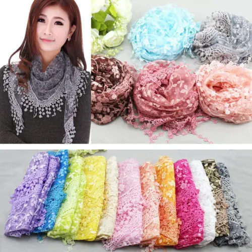 

Women Triangle Wrap Lady Shawl Lace Sheer Floral Print Scarves