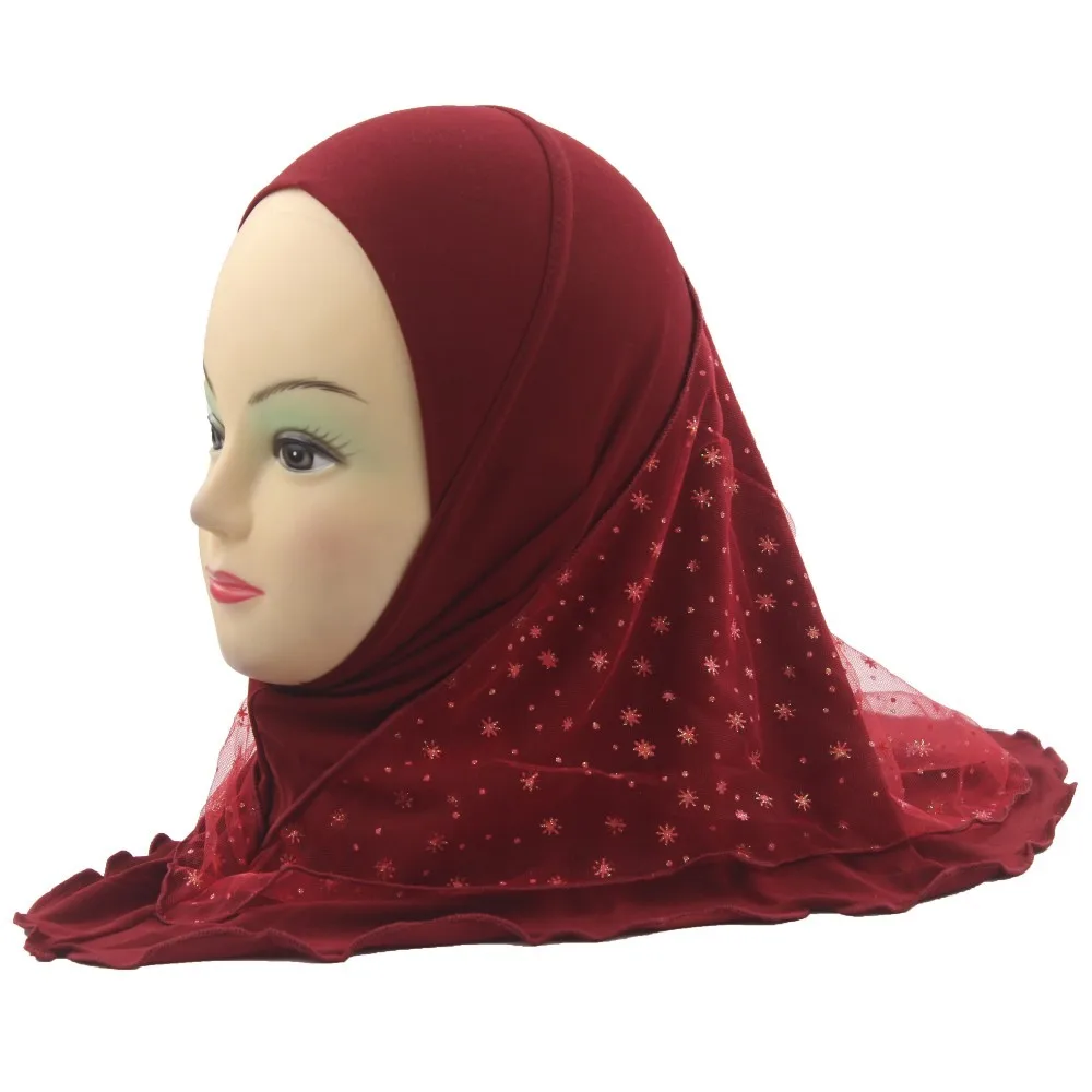 

Muslim Girls Kids Hijab Islamic Arab Scarf Shawls Soft and Stretch with Beautiful Lace Snow Pattern for 3 to 7 years old Girls