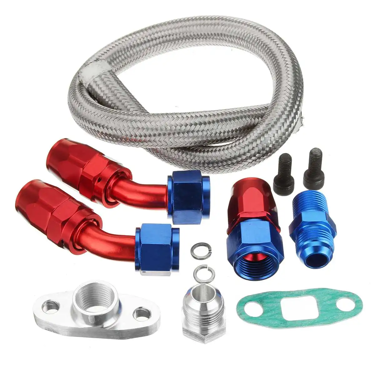 

T3/T4/T04E/T60/T61/T70 Turbo Turbocharger Oil Feed Line Return Drain Kit Set Fitting Adapter Length 55cm Stainless Steel Hose