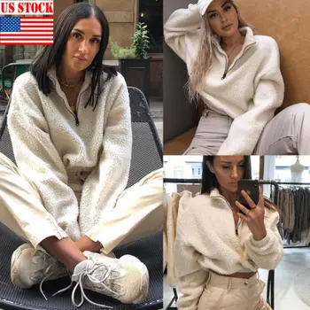 

Fashion US Women Winter Teddy Bear Tops Zipper Fluffy Fleece Fur Jacket Coat Outerwear