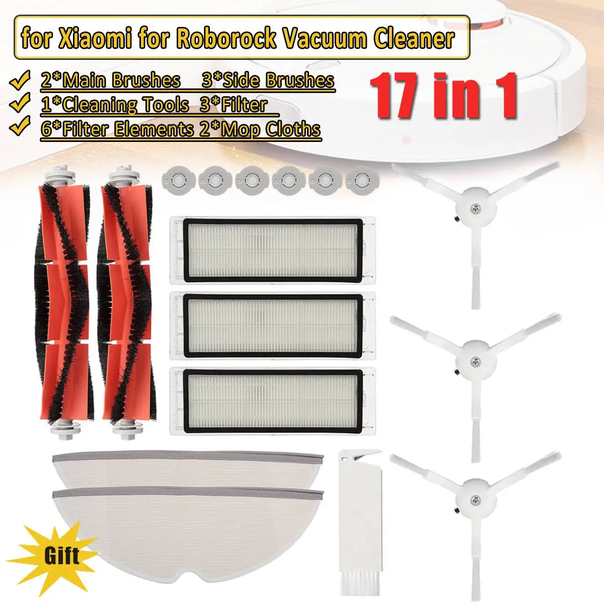 

17pcs Main Brush Edge Side Brush Mop Cloths Filter for Xiaomi for Roborock S50 S51 for Vacuum Cleaner Robot Spare Parts
