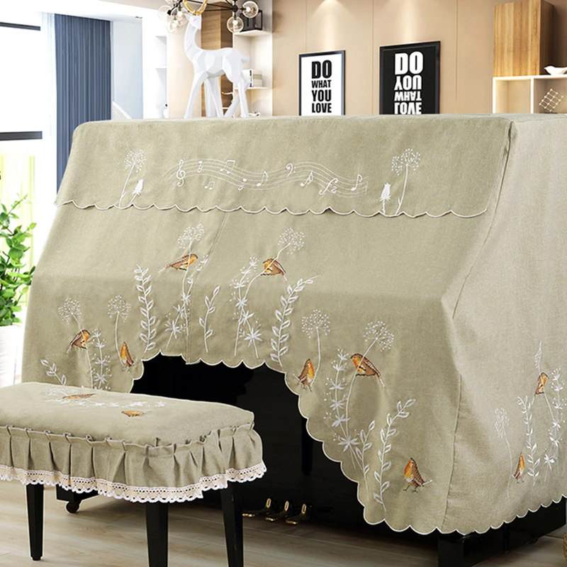 

Half and Full Piano Cover with Stool Cover Style Contains Natural Rural European Lace Bird EmbroideryDust-Proof Piano Covers