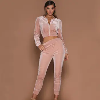 

2019 Newest Hot Women 2pcs Short Zipper Hoodies Sweatshirt Elasic Waist Pants Sets Velvet Tracksuit Casual Suit
