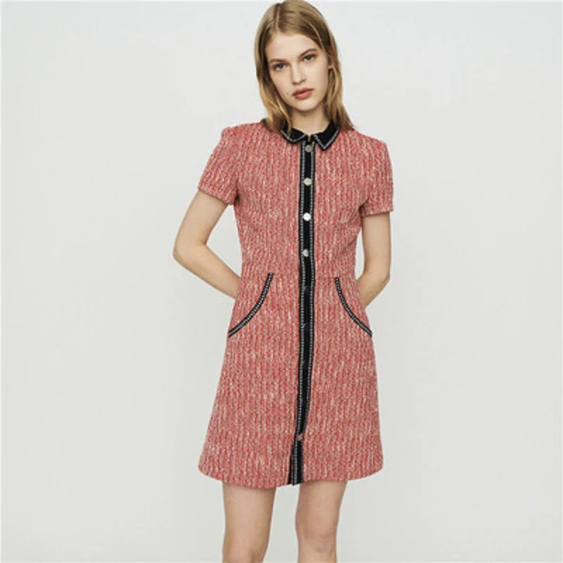 

Brand High Quality Turn-down Knit Patchwork Women Dress Elegant Red Short A-line Fashion Mini Dress 2019 Summer New Clothes