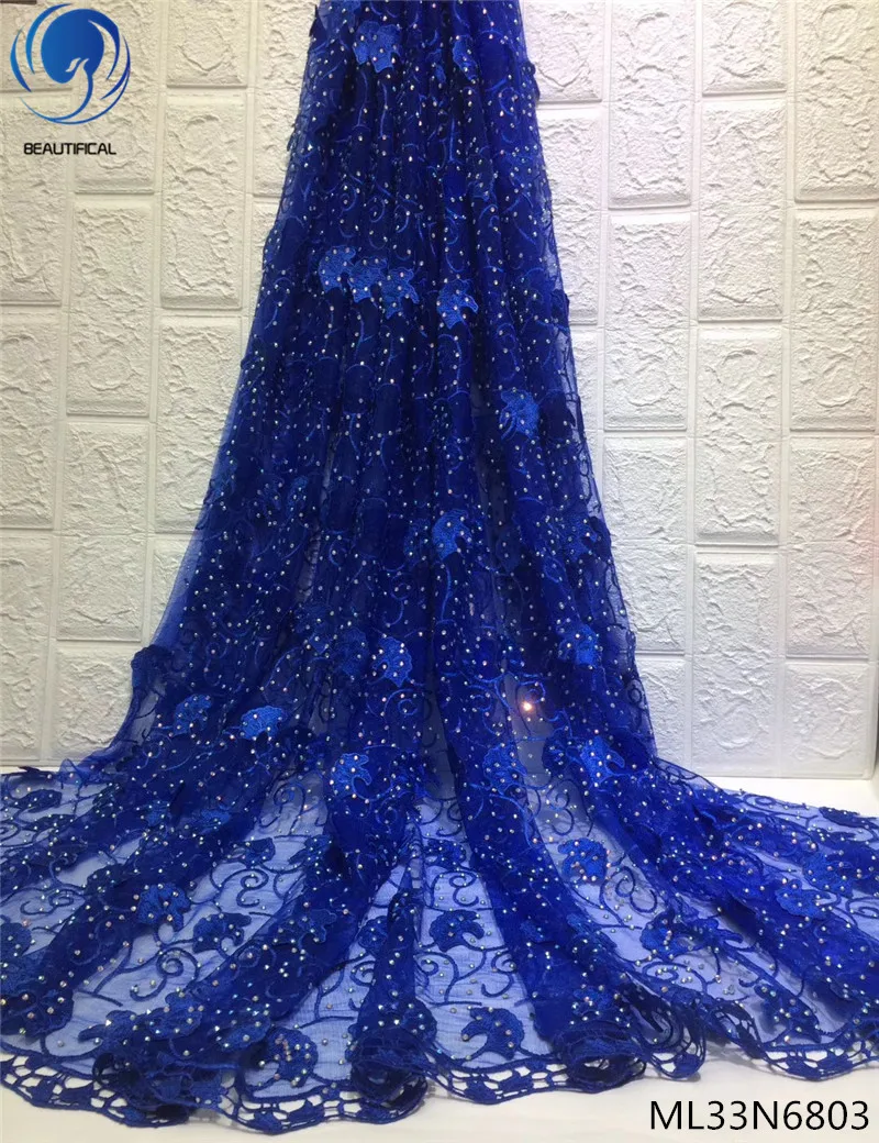 

BEAUTIFICAL Royal blue stones net lace fabric tulle net african 5 yards french lace with stones mesh fabric lace ML33N68