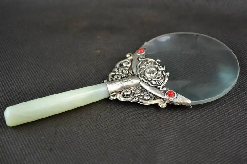 

Old Decorated Handwork Jade Armoured Miao Silver Flower Usable Magnifying Glass