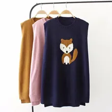 Длинный вязаный женский жилет с рисунком животных из мультфильмов, свитер с круглым вырезом большого размера, пуловер Kawaii Fox, вязаный жилет без рукавов