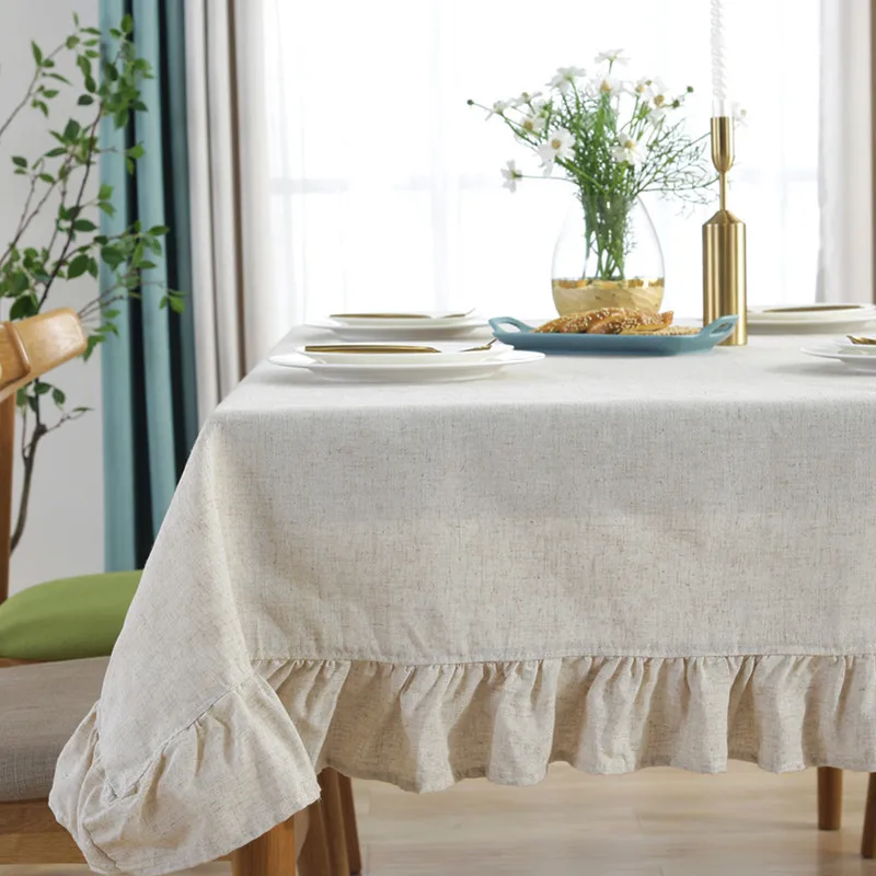  White Ruffles Table Cloth Rectangular Decorative Wedding/Birthday/Party Tablecloth Cotton Linen Tab