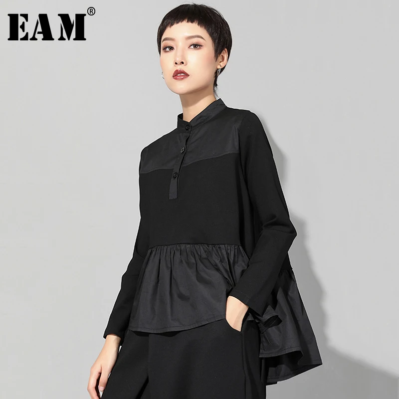 

[EAM] 2019 New Autumn Winter Stand Collar Long Sleeve Black Loose Hem Pleated Stitch Irregular T-shirt Women Fashion Tide JQ016