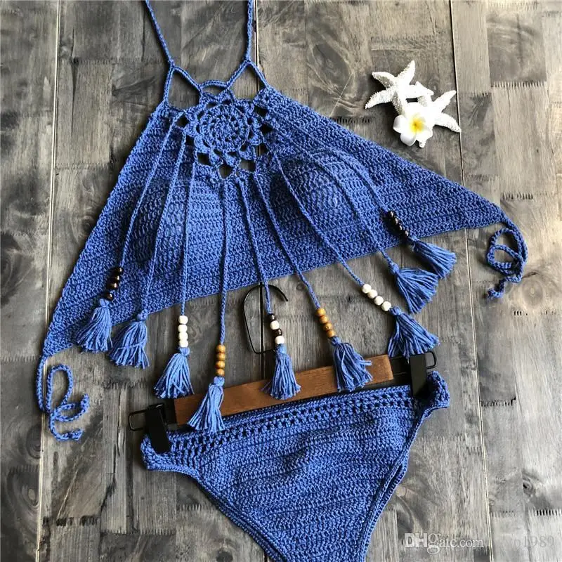 CROCHET BIKINI Sexy Halter Tie Knitting New Beach Swimwear Halter Beaded Tassel Crop Top Brazil Bikini Swimsuit Bathing Suit
