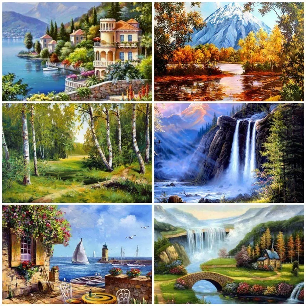 

Haucan Diamond Painting Natural Scenic Rhinestones Pictures Diamond Embroidery Full Display Scenery Diamond Mosaic Home Decor