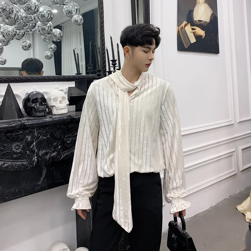 

Spring Men Shirt Velvet Tie Collar Long Sleeve Camisa Masculina Casual Shirt Male Women Stripe Dress Shirts Couple 2019 Clothing