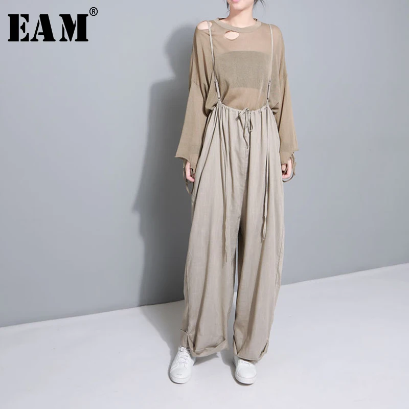

[EAM] 2019 New Spring High Waist Drawstring Loose Big Size Long Wasy Wearing Wide Leg Pants Women Trousers Fashion JF545