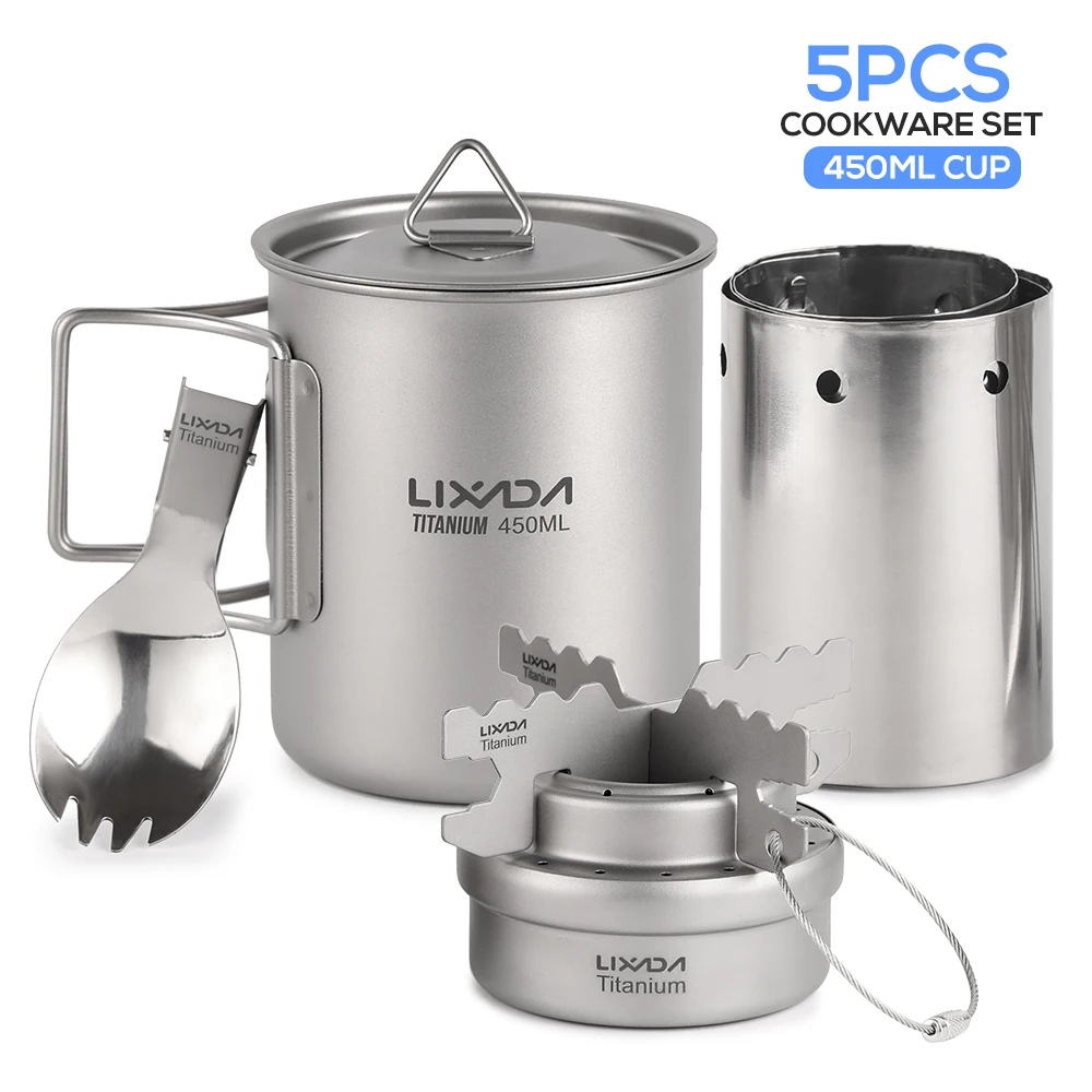 

Lixada 5pcs Pot Alcohol Stove Cross Stand Rack with Foldable Spork Windscreen Portable Camping Tableware Picnic Cookware Set