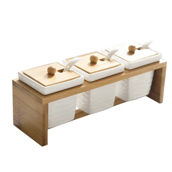 

HOT SALE Square ceramic Spice jar Bamboo kitchen supplies Spice jar Spice bottle of three-piece suit