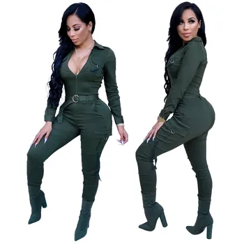 

Women Zipped Deep V Neck Jumpsuit Long Sleeve Bodysuit Rompers Office Overalls Sexy Jumpsuit
