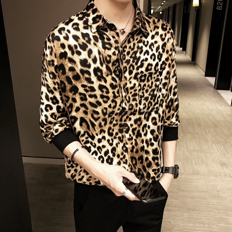 

2019 Summer Men's New Pattern Leopard Printing Slim Fit Short Sleeve High-quality Brown/grey Color Business Shirt Size M-2XL