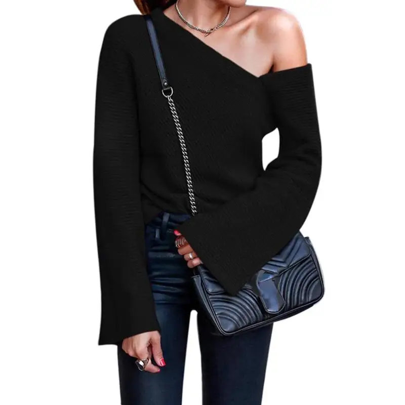 Сексуальные Вязаные Свитера на одно плечо женские с длинным рукавом Slim Fit Модные
