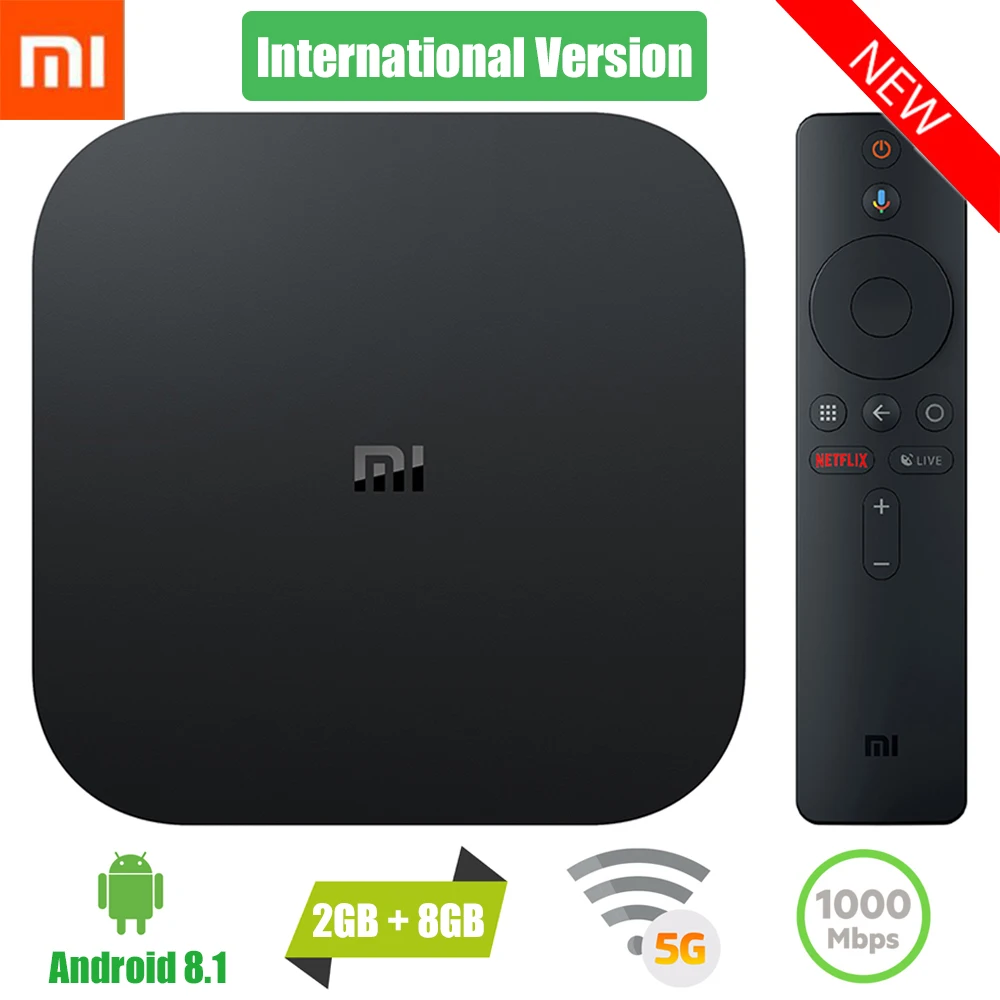 

International Xiaomi Mi Box S Smart TV Box Android 8.1 4K Quad Core 2GB 8GB 2.4G 5.8G WiFi BT4.2 Mali-450 1000Mbps Set Top Box
