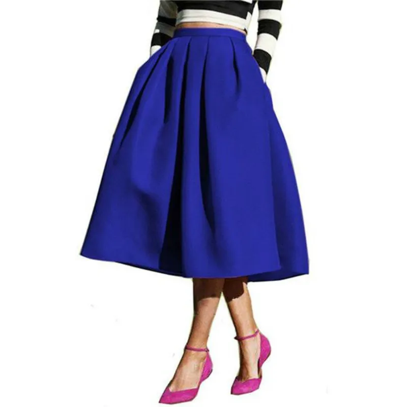 New Female Fashion Street Style Women's Skirt Solid Casual Flare High Waist Pleated Pockets Vintage Skirts