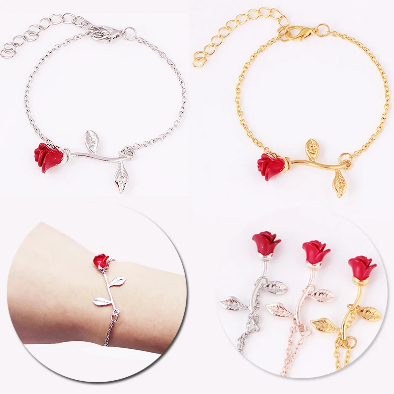 

Sale 1PC Alloy Red Rose Flower Bracelet For Women High Quality Girls Wedding Fashion Jewelry