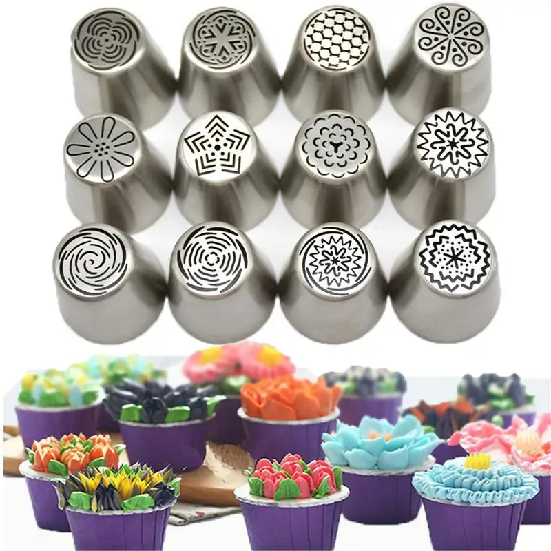 

12PCS stainless steel Russia Malaysia-mounted cake Nozzle 12-piece set of flower-mounted tools baking mold #SO
