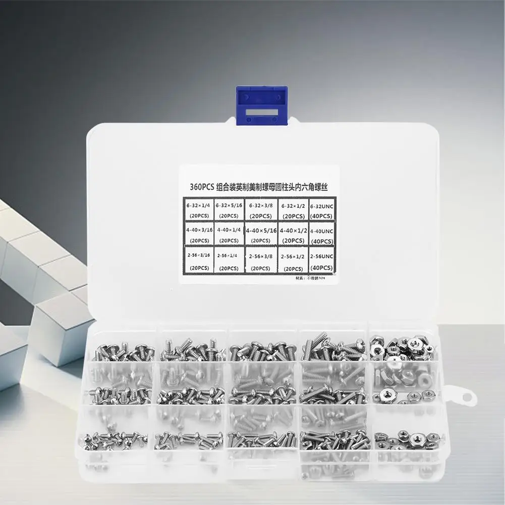 

360Pcs Stainless Steel Cross Screw Nut Set Fastener Fittings Kit Head Screws Kit