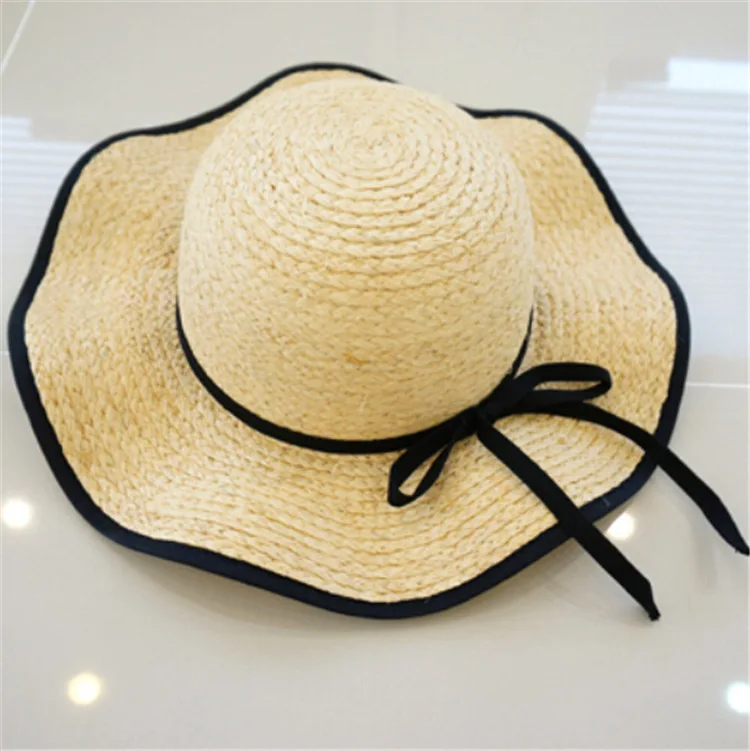 

Korea Pull Phenanthrene Straw Hat Woman Sweet Lovely Black Package Edge Bow Dome Sunscreen Sun Hat You
