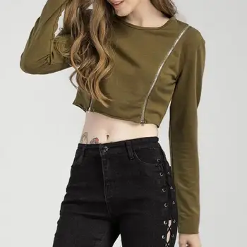 

Sexy Autumn Long Sleeve Crop Tops O-Neck Women Zipper Hoodies Fashion Solid Color Street Loose Sweatshirts