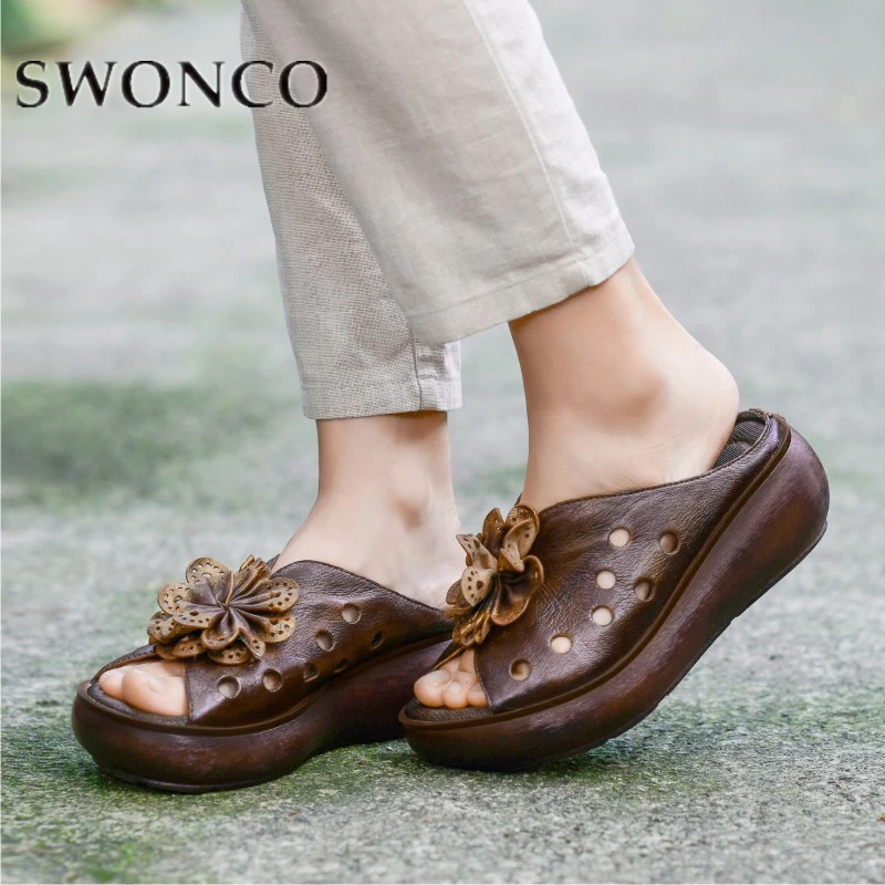 

SWONCO Women's Slides Genuine Cow Leather Floral Hollow Out Wedges Slippers For Female 2019 Ladies Summer Shoes Slippers