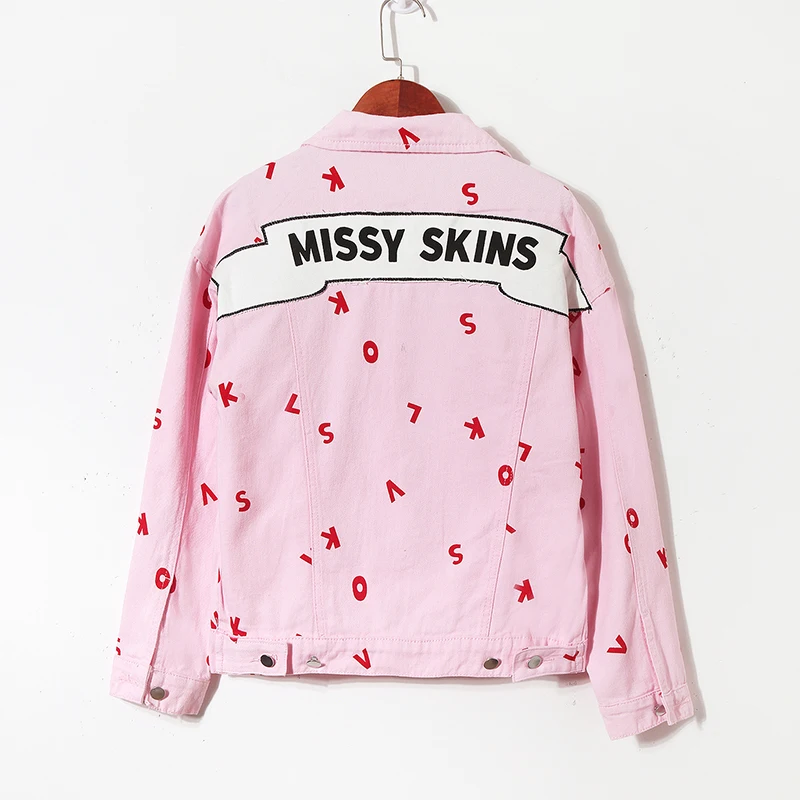 

#3126 New 2019 Pink Hip Hop Chic Denim Jacket Women Letters Printed Korean Style Windbreaker Harajuku Jacket Jeans Outerwear