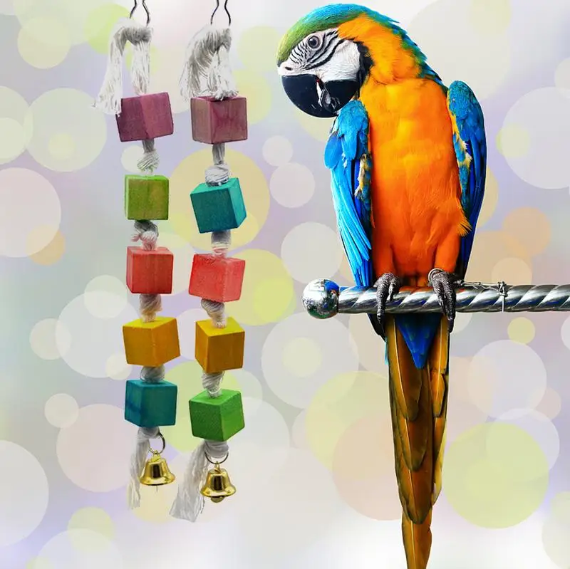 

Bird Chewing Toy Multicolored Wooden Blocks Parrot Gnawing Wood String Toy Pet Bird Accessories Bird Cage Accessories