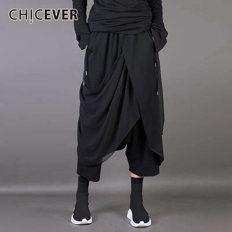 

CHICEVER Spring Irregular Trousers For Women Cross Pants Patchwork Chiffon Black Loose big Size Female Pants Fashion Korean New