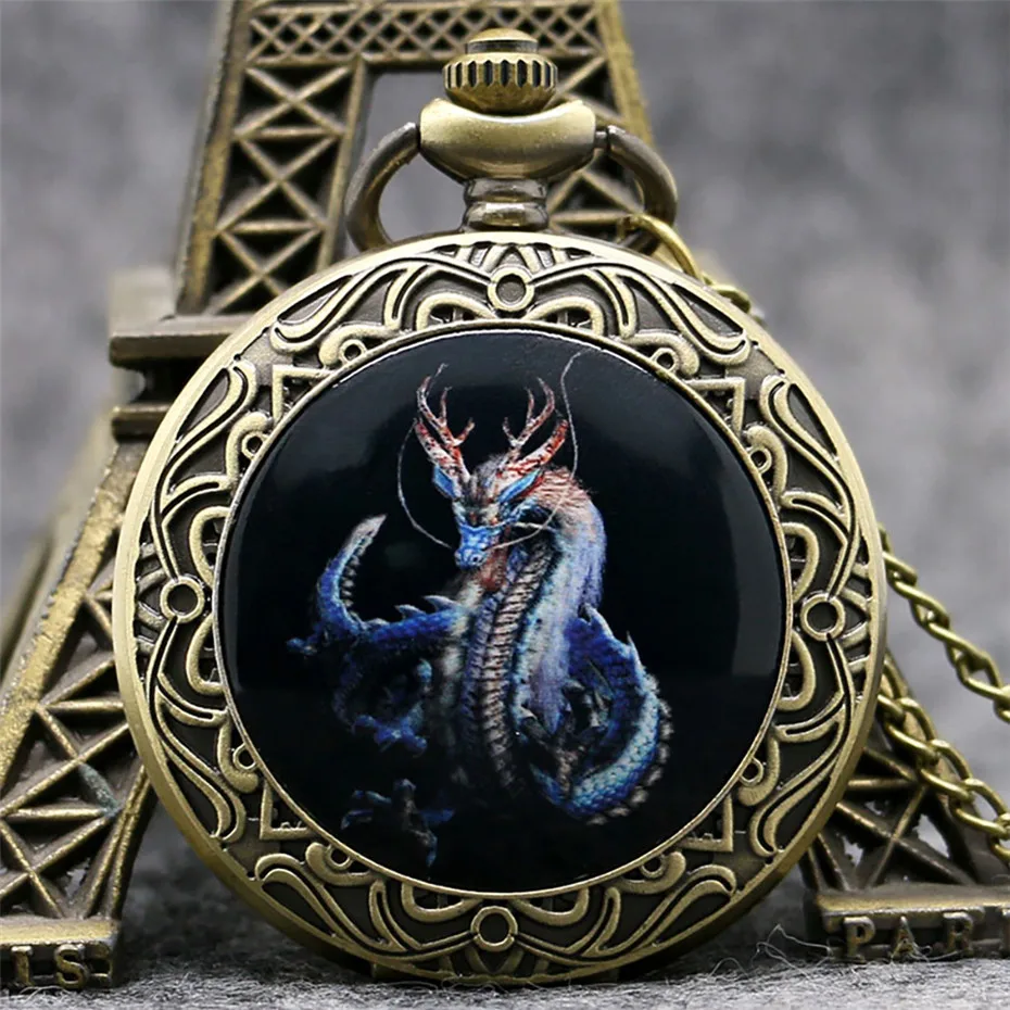 

Punk Watch Dragon Display Sticker Quartz Timepiece Pocket Watch Exquisite Bronze Necklace Clock Gifts for Men Women Vintage