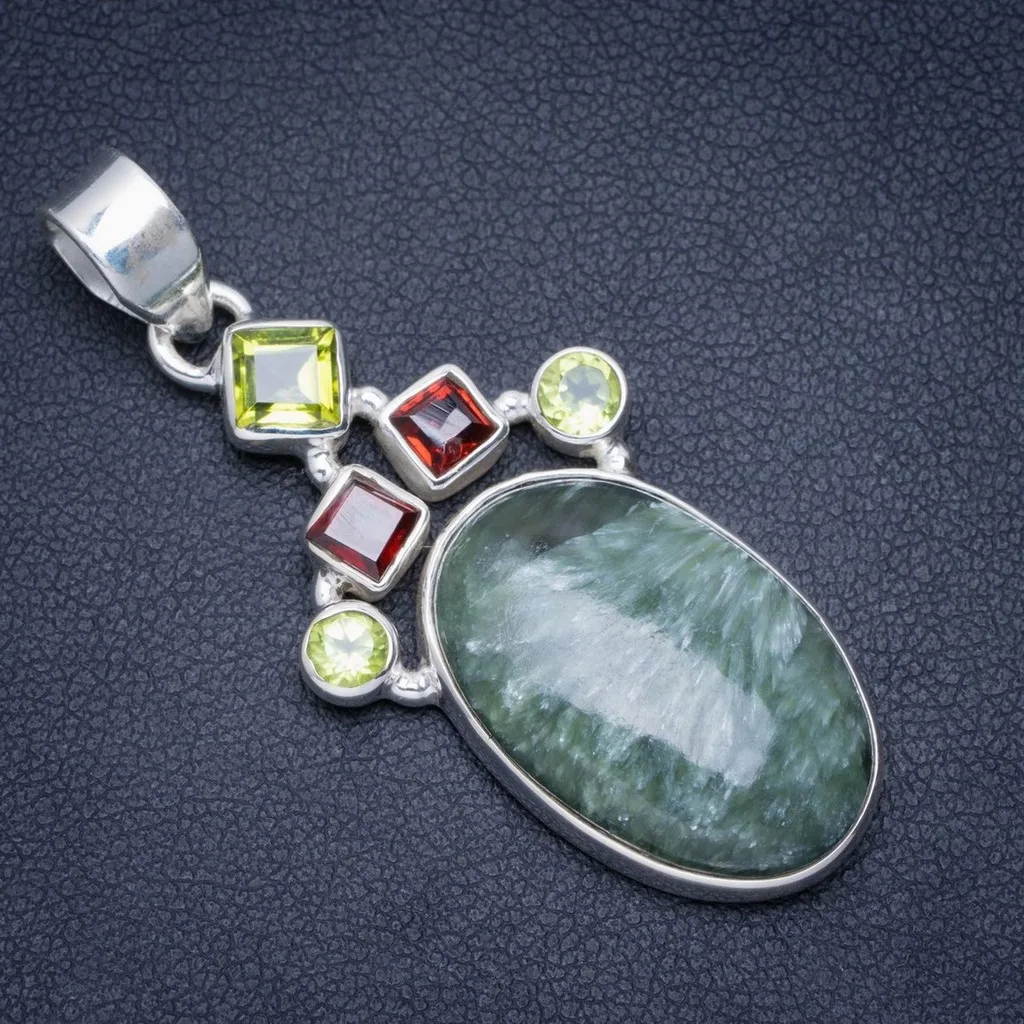 

Natural Seraphinite,Garnet and Peridot Handmade Unique 925 Sterling Silver Pendant 2" A0037