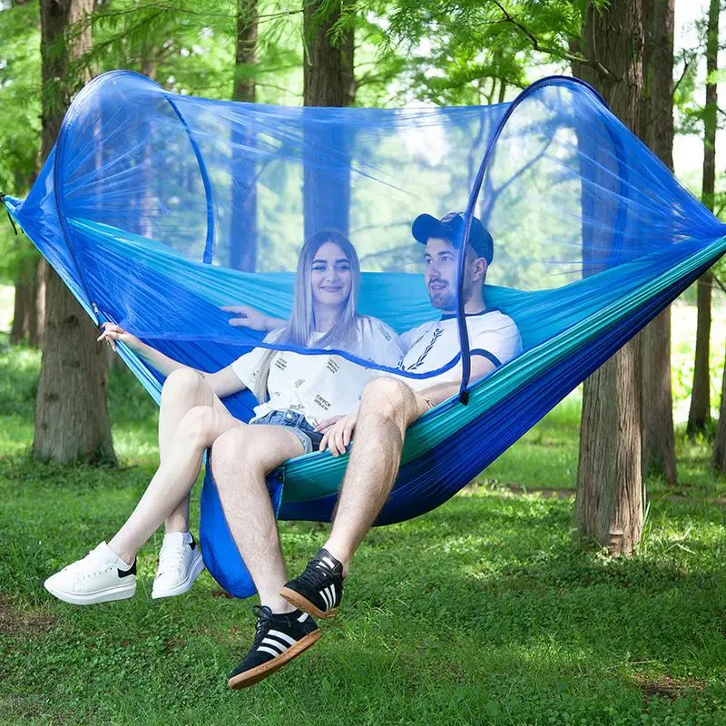 

Quality Automatic Quick Open With Mosquito Net Hammock Nylon Parachute Cloth Tent With Bug Netting Straps Carabiner 250 X 120CM