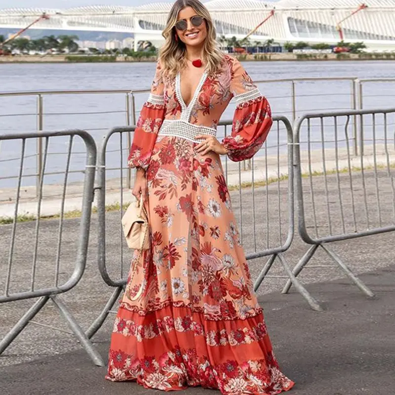 

Bohoartist Women Maxi Dresses Casual Boho Style Pink Sweet Loose Lantern Sleeve Print Floral Female Plus Size Long Dress